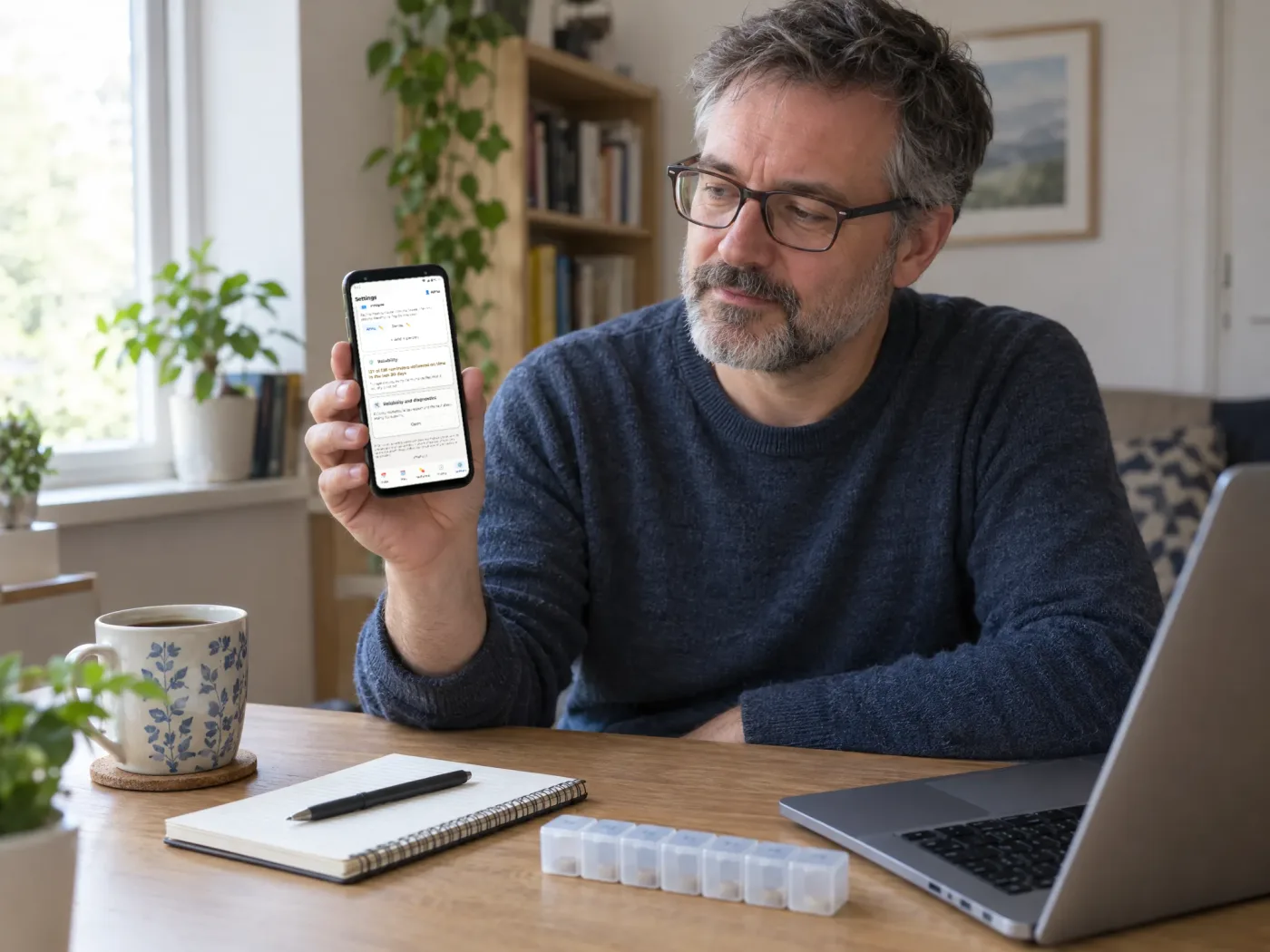 Zdjęcie poglądowe: mężczyzna przy biurku trzyma telefon z ekranem Niezawodność w PillBell, a na biurku stoi tygodniowy pojemnik na tabletki.