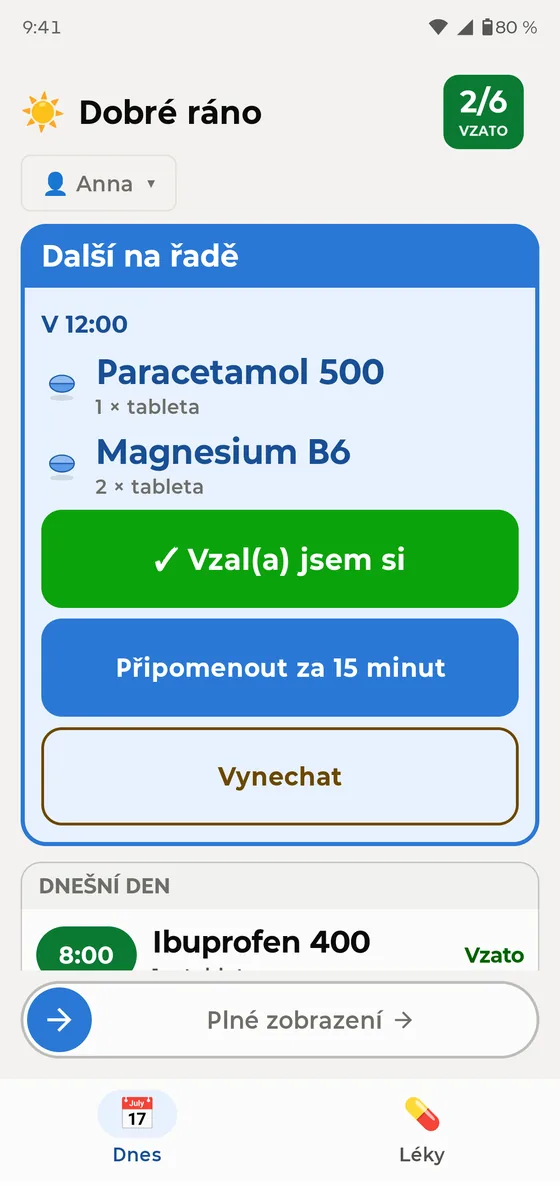 Jednoduchý režim s velkou kartou dalšího léku a tlačítkem Vzal(a) jsem si