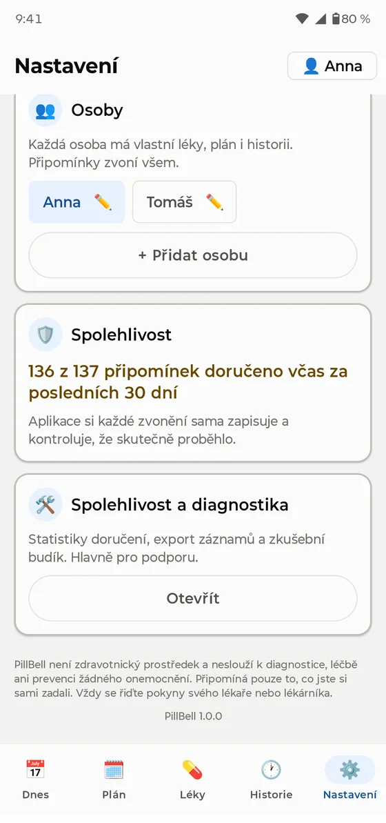Obrazovka nastavení: za posledních 30 dní zazvonilo včas 136 ze 137 připomínek