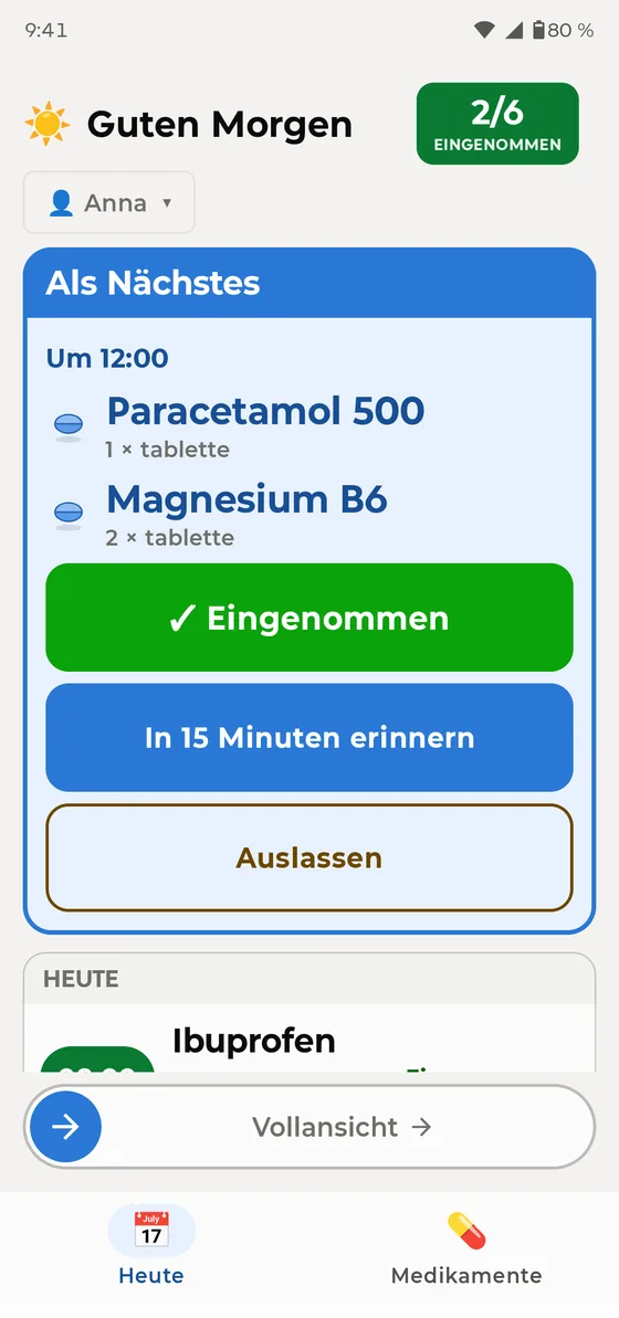 Einfacher Modus mit einer großen Karte für das nächste Medikament und der Taste Eingenommen