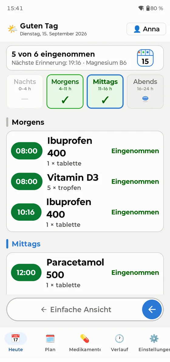 Heute-Bildschirm mit Annas Medikamenten, aufgeteilt in Morgen und Mittag