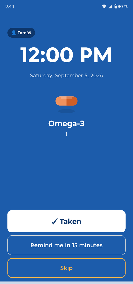 PillBell ringing full-screen with buttons for Taken, Remind me in 15 minutes, and Skip